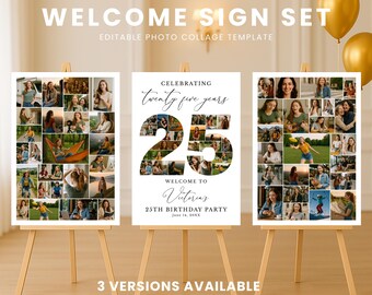 25th Birthday Welcome Sign Template, Photo Collage Canva Poster, Editable Birthday Memory Board