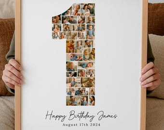 Fotokollage för första födelsedagen, anpassad poster med nummer 1 (Canva-mall)