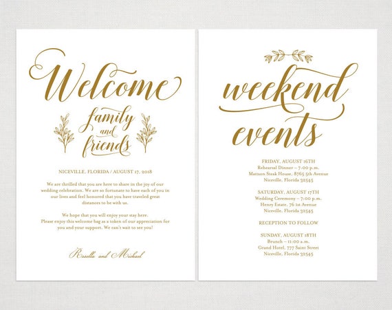 Gold Wedding Welcome Bag Note Welcome Bag Letter Wedding 