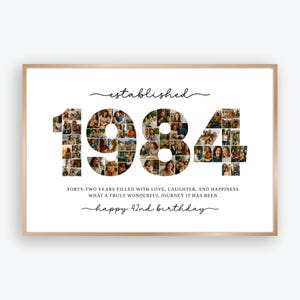 May include: A framed photo collage featuring the year "1984" composed of numerous photos. Cursive text reads "established" and "happy 42nd birthday". The text below states "Forty-two years filled with love, laughter, and happiness. What a truly wonderful journey it has been."