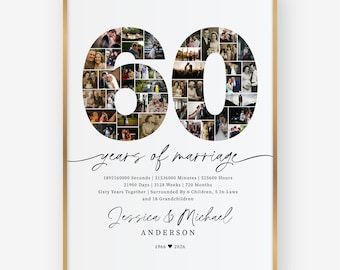 60th Anniversary Photo Collage Template, Portrait, Editable 60 Years Photo Gift, Personalized Anniversary Poster, Custom Canva Layout