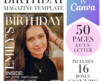 Plantilla Canva para revista de cumpleaños / 50 páginas, 16 portadas adicionales (Descarga digital)