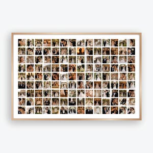 May include: A large rectangular collage print featuring numerous small square photographs of wedding scenes, including couples in formal attire, bridal gowns, and ceremony details, all enclosed within a thin, light-colored wooden frame.