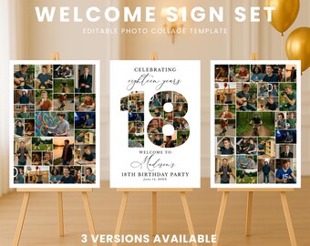 18th Birthday Welcome Sign Template, Photo Collage Canva Poster, Editable Birthday Memory Board