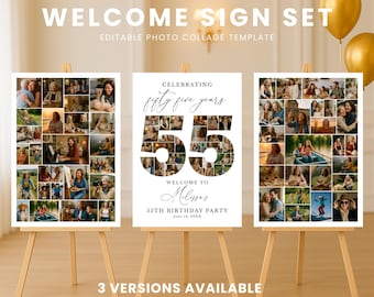 55th Birthday Welcome Sign Template, Photo Collage Canva Poster, Editable Birthday Memory Board