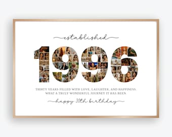 Plantilla de collage de fotos editable de 1996, impresión de collage de números para el 30.º cumpleaños, póster personalizado con foto del año, descarga digital de Canva