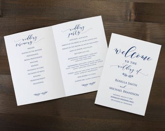 Navy Blue Folded Wedding Program Template, instant download, Modern, Print, Fold, DIY Editable Printable Template, WPC_1106