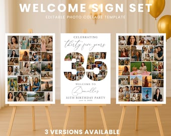 35th Birthday Welcome Sign Template, Photo Collage Birthday Poster, Editable Canva Memory Board, 76, 138 & 213 Photo Slots
