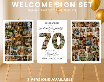70th Birthday Photo Collage Welcome Sign, Editable Canva Template (Digital Download)