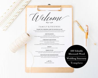 Printable Wedding Itinerary, Wedding Itinerary Card, Welcome Note, Agenda, Schedule, Welcome Bag Letter, Instant Download, Template, MSW330