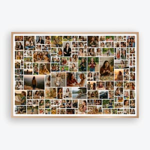 May include: A framed photo collage featuring numerous small images of people in various settings. The images are arranged in a grid pattern, with a light-colored wooden frame. The photos depict people in different activities and locations.