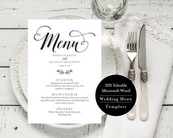 Wedding Menu, Printable Menu, Template, Rustic Wedding Menu, edit in word, print on Kraft, Instant Download, MSW237