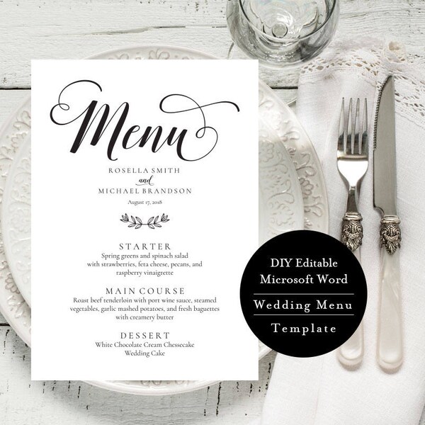 Wedding Menu, Printable Menu, Template, Rustic Wedding Menu, edit in word, print on Kraft, Instant Download, MSW237