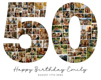 Plantilla de collage de fotos para 50 cumpleaños, regalo personalizado para ella, mujer, mamá, collage de números, regalo familiar, regalo de cumpleaños, Canva