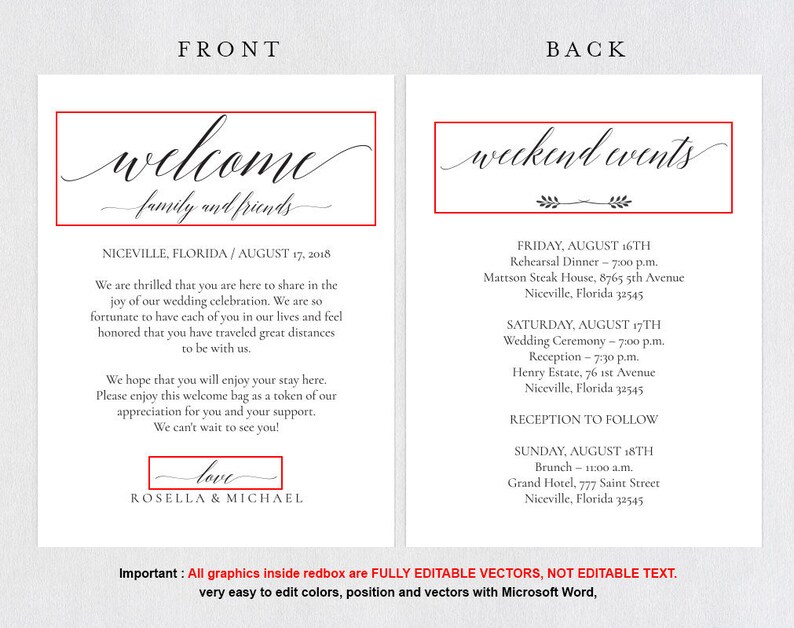 Printable Wedding itinerary template, Wedding Itinerary, Wedding Welcome Letter, Wedding Itinerary, Print 2 sides, MSW109 image 5