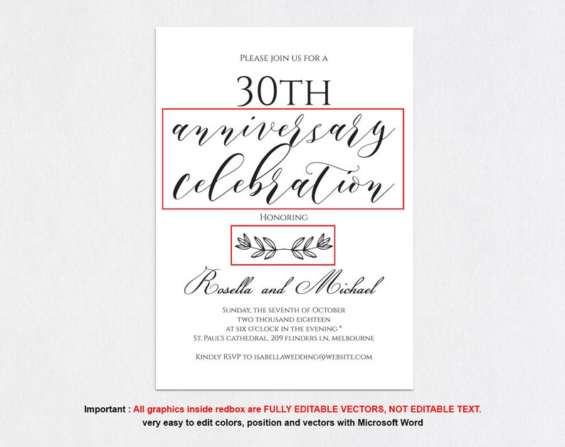 MSW407 Editable Word Anniversary Party Invitation DIY Instant Download 30th Anniversary invitation Editable Anniversary Invitation