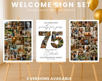 75th Birthday Welcome Sign Template, Editable Photo Collage Poster, Seventy Five Birthday Party Sign, Canva Memory Board