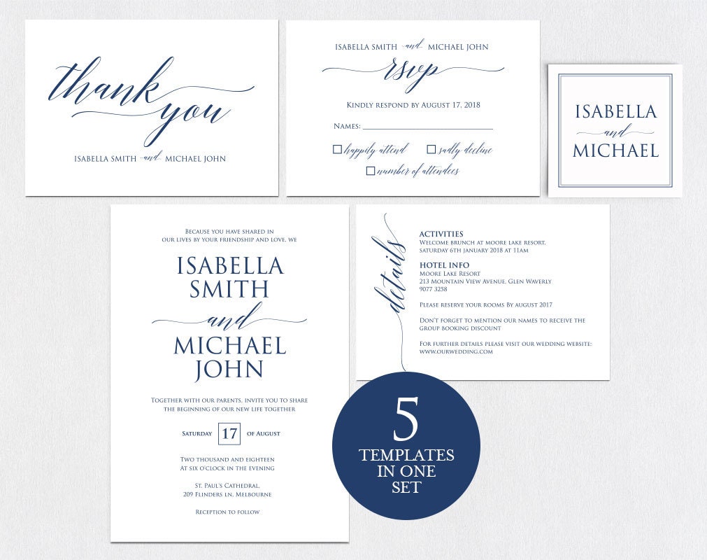 Navy Blue Wedding Invitation Template Wedding invitation | Etsy