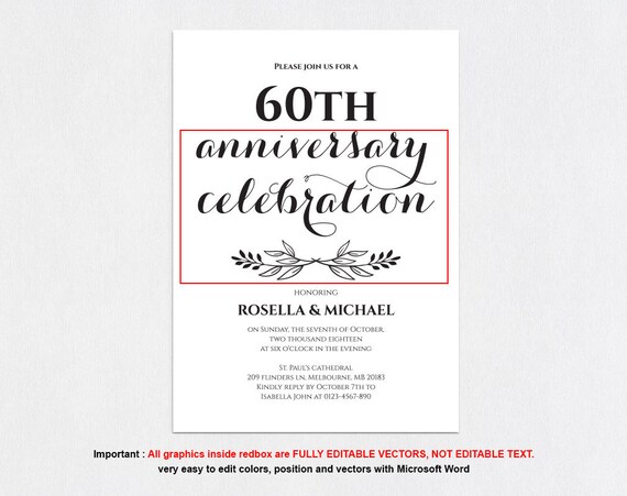 60th anniversary invitation anniversary party invitation editable word diy editable anniversary invitation instant download msw409 60th anniversary invitations