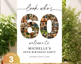 60th Birthday Photo Collage Template, 60th Birthday Welcome Sign, Number Photo Collage Poster, 26 40 76 Photo Slots, Editable Canva Template