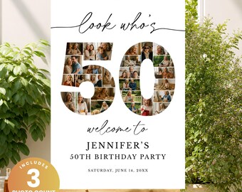 50th Birthday Photo Collage Template, 50th Birthday Welcome Sign, Editable Canva Poster, 26 39 73 Photo Slot Options