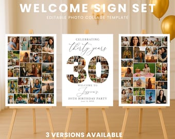 30th Birthday Welcome Sign Template, Photo Collage Canva Poster, Editable Birthday Memory Board