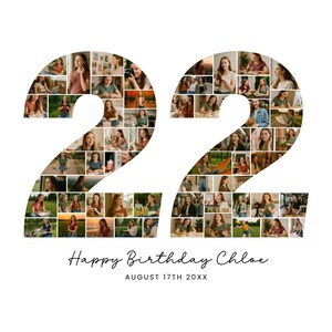May include: A white background features a photo collage in the shape of the number 22. The collage is composed of numerous small photos of a person. Below the number is the text "Happy Birthday Chloe" and "AUGUST 17TH 20XX".