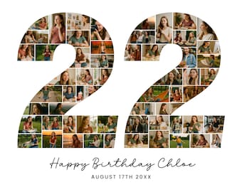 Plantilla de collage de fotos para el 22.º cumpleaños, regalo con número personalizado (plantilla para lienzo)