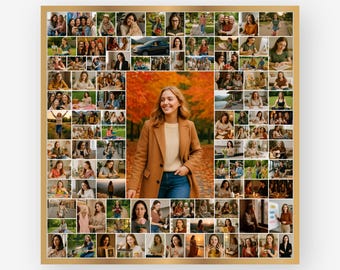 Plantilla de collage de 100 fotos, diseño cuadrado de Canva con imagen central grande, elegante póster de recuerdo personalizado, arte mural imprimible personalizado