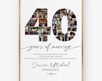 Plantilla de collage para el 40.º aniversario, cuadrícula de fotos editable en Canva, póster imprimible para fiestas, regalos y recuerdos.