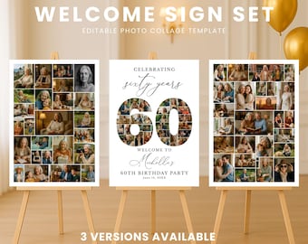 60th Birthday Photo Collage Welcome Sign, Editable Canva Template (Digital Download)