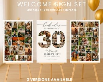 30th Birthday Welcome Sign, Photo Collage Template (Canva Editable, Printable)