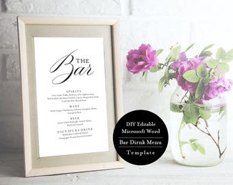 DIY Editable Template, Bar Menu Printable, Wedding Drinks Sign, Instant Download, Signature Cocktails, 8x10 inches MSW75