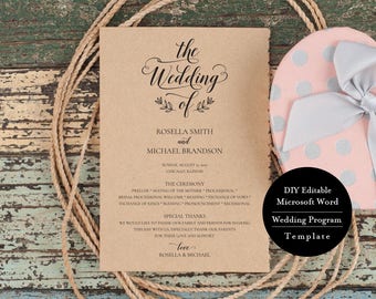 Wedding Program Printable, Instant Digital Download, Wedding Program, DIY Template, Editable in Microsoft Word, 5x7 inches, MSW187