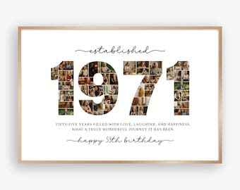 Plantilla de collage de fotos de 1971, póster de recuerdo de 55 cumpleaños, diseño de números editable en Canva, recuerdo digital imprimible