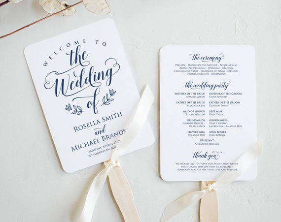 Navy Blue Wedding Program Fan Pdf Template Instant Download Etsy