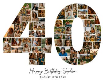 40th Birthday Photo Collage Template, Number 40Collage, Gift Idea, Personalized 40th Birthday Gift for Her or Him, Birthday Party Decoration