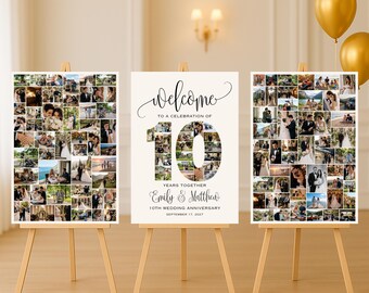 10th Wedding Anniversary Welcome Sign Template, Photo Collage Canva Poster, Editable Anniversary Memory Board