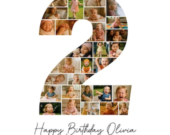 Collage de fotos para el segundo cumpleaños, plantilla editable de Canva, póster de hito del segundo cumpleaños, regalo de cumpleaños imprimible para niña o niño.