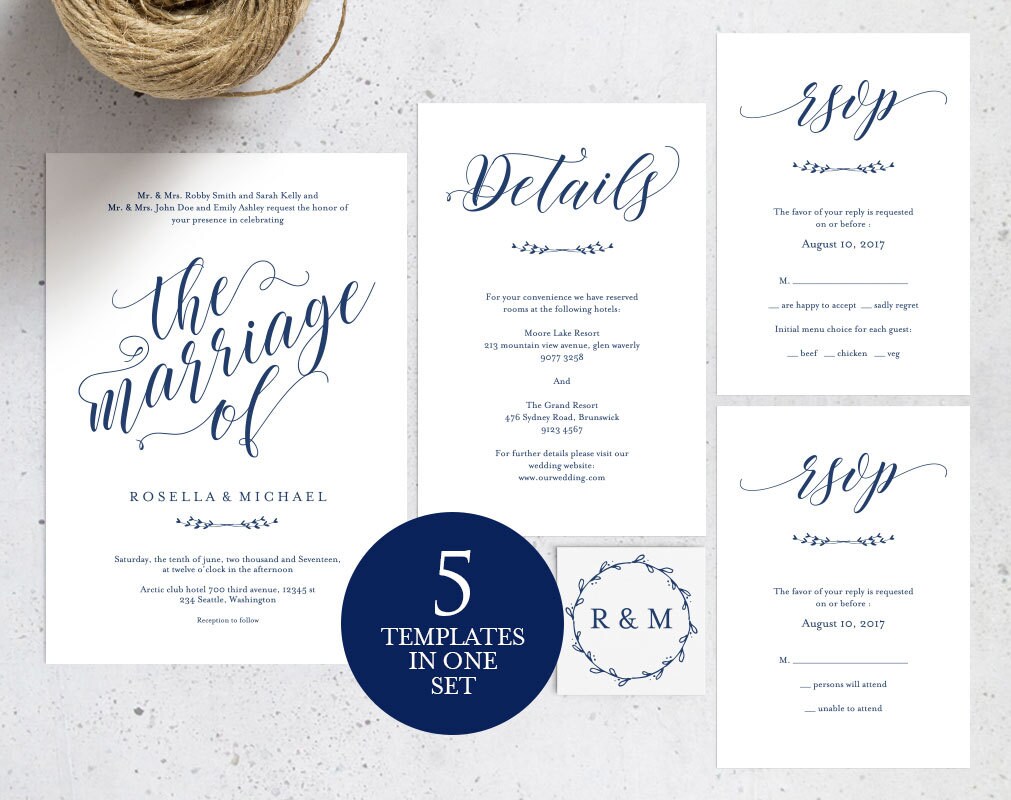 Navy Blue Wedding Invitation Template Wedding invitation | Etsy