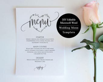 Editable Wedding Menu, DIY Dinner Menu, 5"x7" Menu Template, Instant Download, DIY Wedding, Printable Wedding Menu Template, MSW85