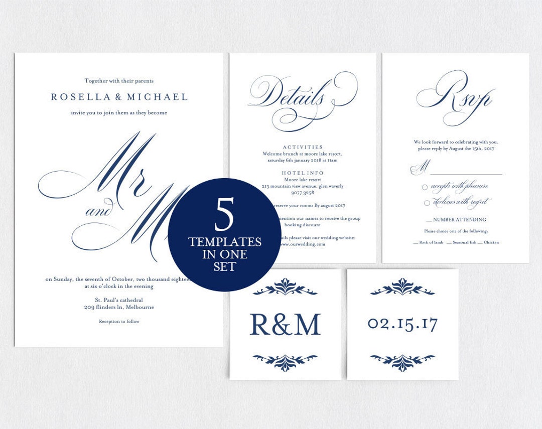 Navy Blue Wedding Invitation Template Wedding Invitation - Etsy
