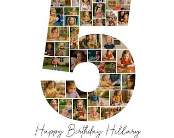 5th Birthday Photo Collage Template, Custom Gift for girl, 5th Birthday, Number Collage, Number 5 Collage, 5th Collage, Canva Template