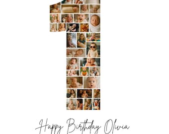 Plantilla de collage de fotos para el primer cumpleaños, póster de Canva con el número 1, regalo de cumpleaños editable, arte mural imprimible para bebé niña o niño.