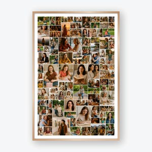May include: A wooden framed collage of many small photographs. The images show people in various settings, including outdoors, reading, and interacting. The colour scheme is warm, with natural light and a variety of activities.