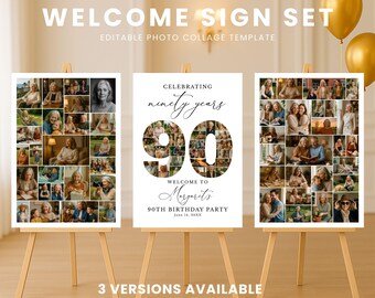 90th Birthday Photo Collage Template, 90 Years Birthday Welcome Sign, Editable Canva Birthday Poster, Memory Photo Board