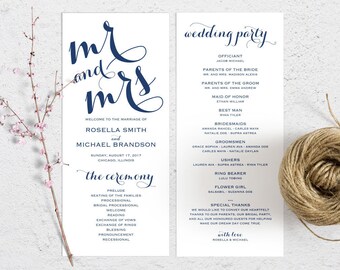 Navy Blue Wedding Program Template, Wedding Ceremony Program, Printable Programs, Kraft Wedding Program, fan, PDF Instant Download, WPC_554