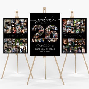 May include: Three graduation photo displays on wooden easels. The center display features the text "graduate" and "Class of 26" with a collage of photos forming the number 26. The text "Congratulations Rosella Thomas, You Did It!" is also present.
