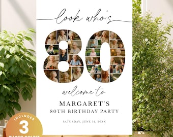 80th Birthday Photo Collage Template, Editable 80th Birthday Welcome Sign, 80 Years Photo Board, Photo Montage Poster, Canva Template