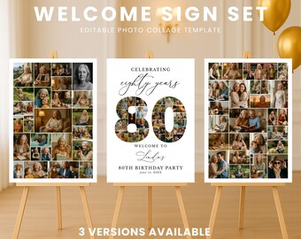 80th Birthday Photo Collage Welcome Sign, Editable Canva Template (Digital Download)